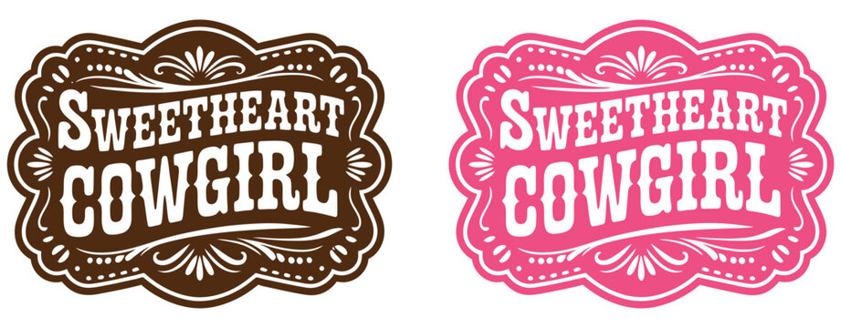 sweetheart cowgirl tag label belt buckle design, wild west rodeo cowboy style endearment emblem with stylized western decor swirls, vintage vector artwork for branding and apparel themes.