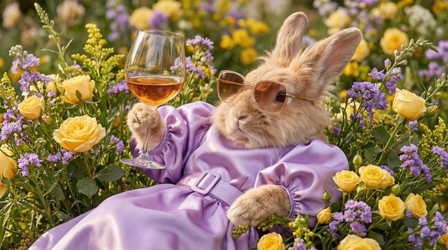 A whimsical rabbit wearing a purple dress and sunglasses enjoys a glass of wine in a sunny flower garden.