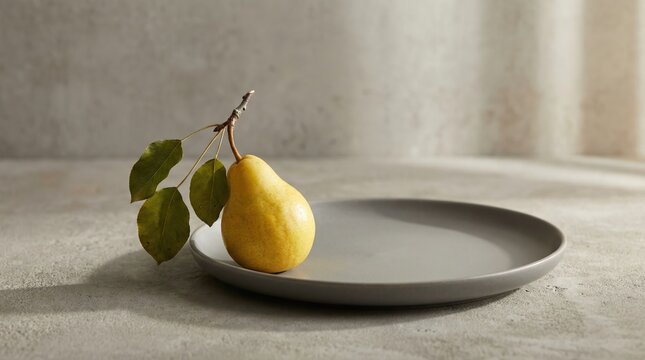 A minimalist still life composition featuring a single yellow pear with leaves on a gray ceramic plate.