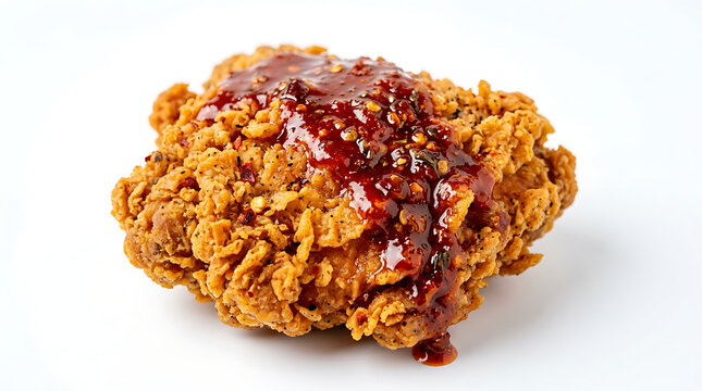 Delicious spicy fried chicken thigh topped with a vibrant red sauce, presented on a clean white background, perfect for food blogs and restaurant menus
