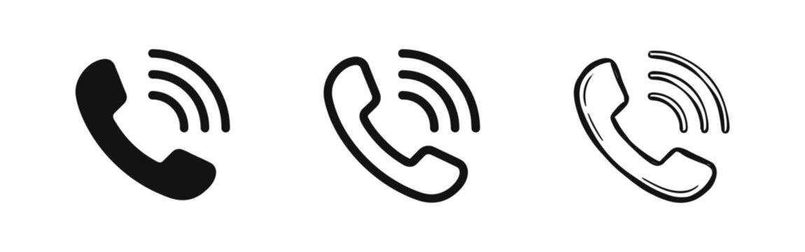 Set of phone call icons in solid, outline, and hand-drawn styles for contact and communication concepts.
