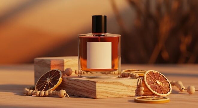 Glass perfume bottle with citrus fruit slices on a wooden table in a warm and moody atmospheric setting