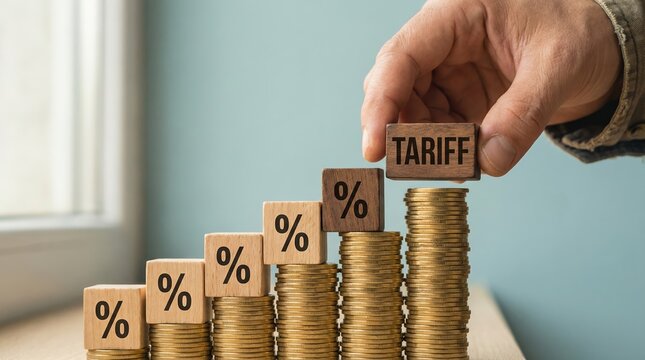 A hand placing a wooden block with the word tariff on a rising stack of coins and percentage icons.