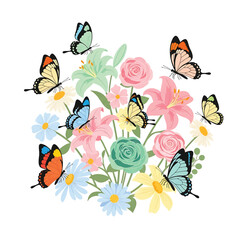 Colorful butterflies flying around flowers. © indah
