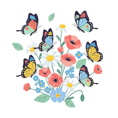 Colorful butterflies flying around flowers. © indah