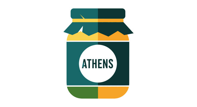 Colorful illustrated jar labeled Athens with lid.