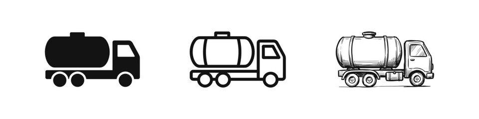 Tanker truck transportation icon set in flat, line, and vintage sketch styles for logistics and fuel delivery. © drawing lines