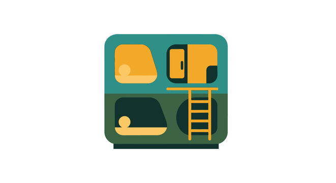 Colorful graphic bunk bed with ladder and storage compartments.