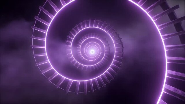 Abstract Futuristic Purple Neon Spiral Tunnel with Glowing Geometric Patterns and Foggy Background