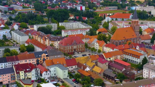 Aerial view of the church tower in the city Calau in eastern Germany on a sunny day in summer.