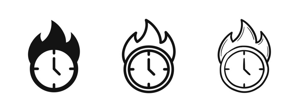 Clock on fire icon for deadline and urgency in solid, outline, and sketch styles