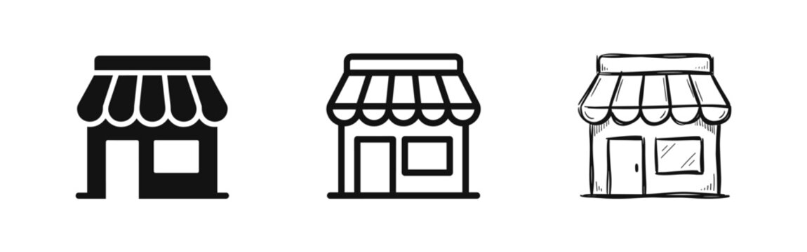Shop storefront icon set in solid, outline, and doodle styles for retail and local business