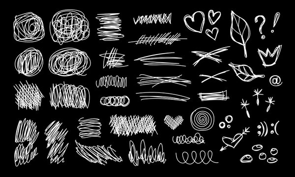 Pen doodles and scribbles form chaotic handwritten textures vector illustration set. Messy sketch lines, pencil marks, and tangled circles create abstract notebook patterns with organic pen strokes.