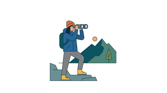 Man looking through binoculars standing.