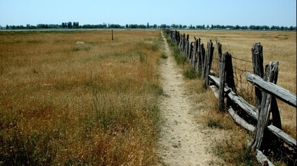 Obraz premium Dusty rural path through golden fields beside weathered wooden fence under clear blue sky