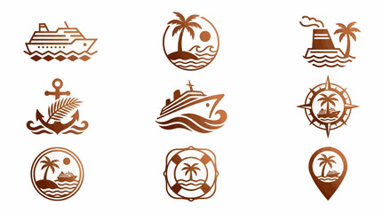 Set of Nine Minimalist Vector Icons for Travel and Nautical Themes: Cruise Ship, Tropical Island, Anchor, Compass, Lifebuoy, Location Pin, Palm Trees, Ocean Waves, Sun © iga