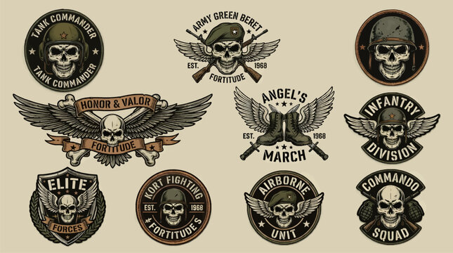 Vintage Military Emblems Collection with Skulls, Wings, and Weapons, Featuring Tank Commander, Infantry Division, Airborne Unit, and Commando Squad Designs