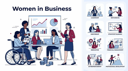 Naklejka premium Diverse Women in Business Meeting, Collaboration with Charts and Laptops, Including Wheelchair User and Prosthetic Leg, Flat Vector Illustration