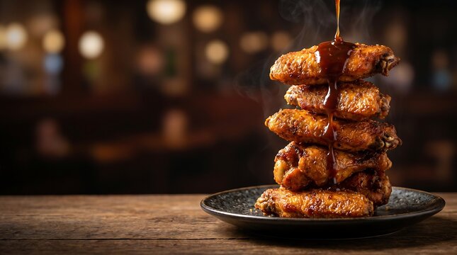 A tall stack of crispy, golden-brown chicken wings being drizzled with a rich, dark sauce in a dimly lit restaurant setting.
