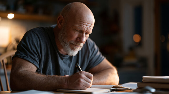 Candid unposed moment of retired veteran at kitchen table before sunrise writing identity-based habit affirmations in notebook, self-concept language visible in confident