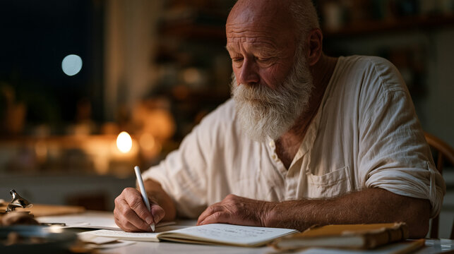 Candid unposed moment of retired veteran at kitchen table before sunrise writing identity-based habit affirmations in notebook, self-concept language visible in confident
