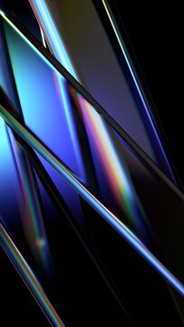 Abstract iridescent glass lines on a black background, vertical 3d render