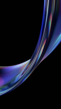 Abstract minimalist iridescent reflections on a glass curved shape, vertical 3d render