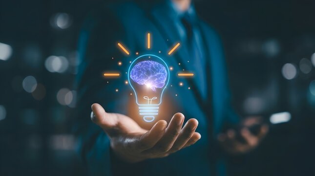 A businessman holds a glowing lightbulb with a brain inside, representing innovation, creativity, and brilliant ideas in business.