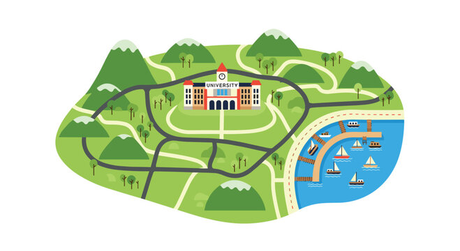 University campus map featuring mountains green hills winding roads and a harbor with boats for navigation or planning.