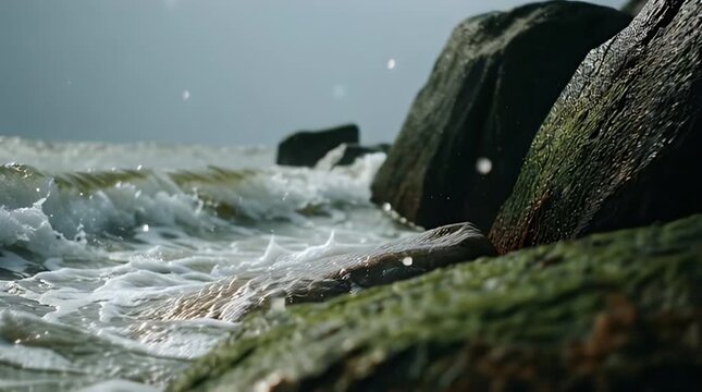 Waves Crashing Against Rocks in Ocean Scene