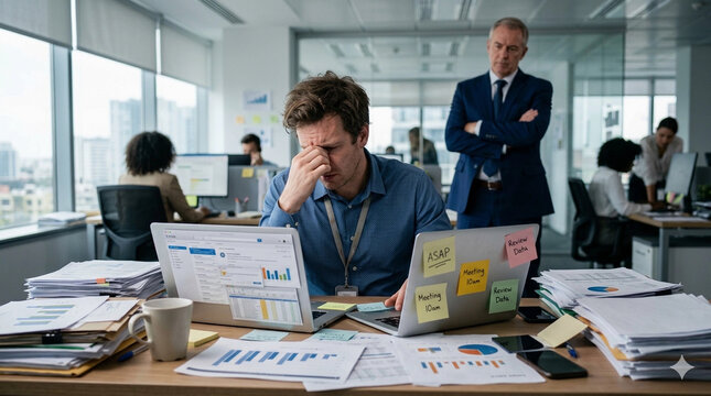 Stressed business employee working on a laptop at a messy office desk under supervisor micromanagement.