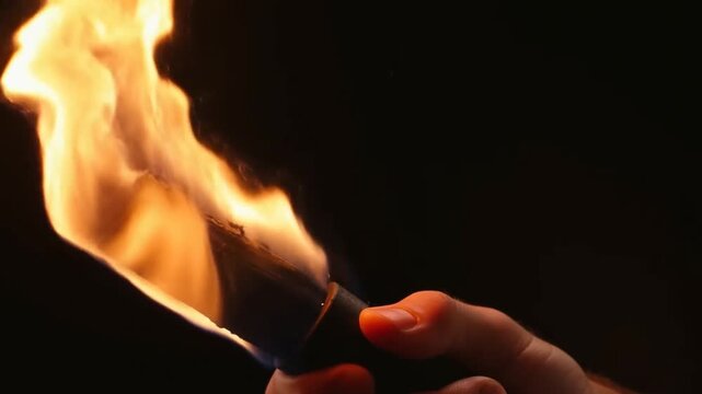 Slow motion handheld close up of hand holding burning torch with large flame against black background in studio night setting