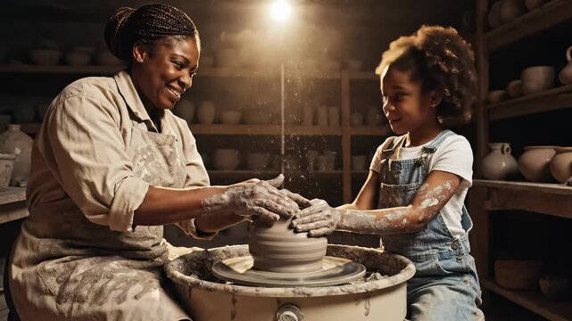 In a warm, inviting pottery studio, a woman guides a young girl as they mold clay together on a spinning wheel. Joy and creativity fill the air, creating lasting memories.