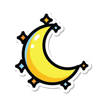 Cartoon crescent moon with stars.