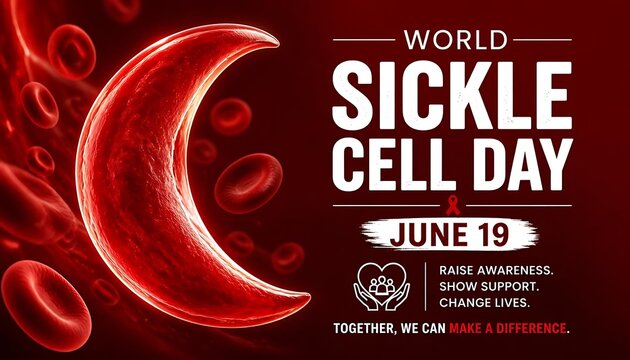 Sickle cell day banner with red sickle cell and text on a dark red background, with cells