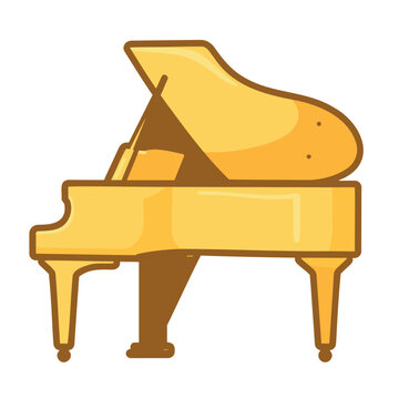 Illustration of a golden grand piano with cartoonish design and simple shapes on a white backdrop