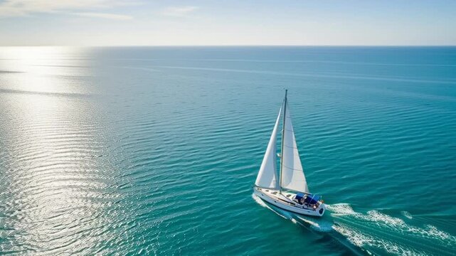 A sailboat sails across the calm ocean on a sunny day with clear blue water and sky.