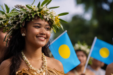 Obraz premium Portrait of woman wearing a floral headpiece, celebrating Constitution Day in Palau with flags.