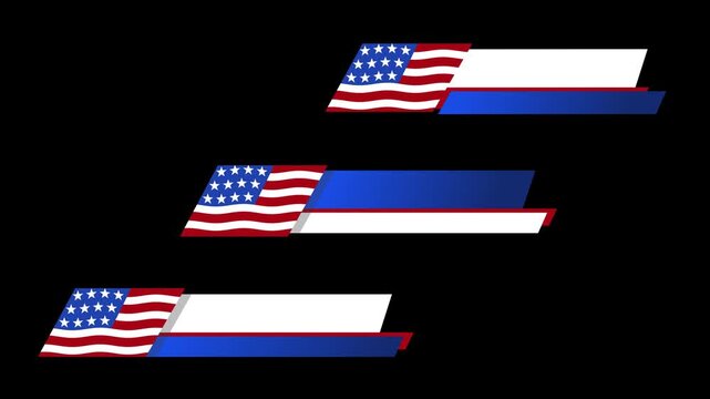 Animated lower thirds featuring American flag elements and editable text panels, designed for interviews, news broadcasts, patriotic productions, with chroma key support