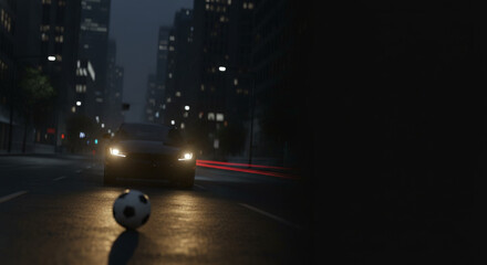 A lone soccer ball sits on a wet city street at night with a car approaching and its headlights illuminating the scene