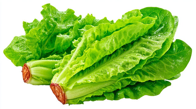 Fresh green romaine lettuce vegetable leaves isolated on white background with vegetables, vegetable