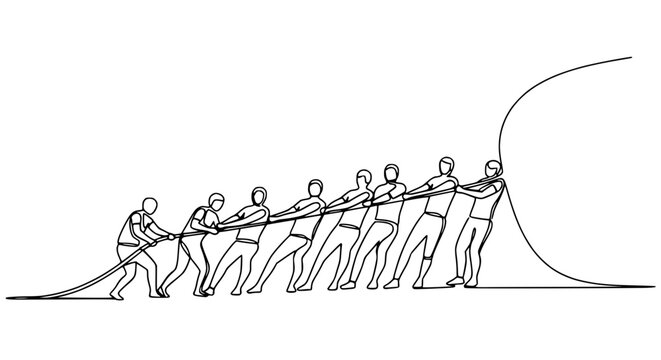 Team pulling rope, continuous line drawing, concept of teamwork and competition