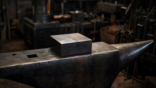 anvil. A solid metal block resting on an anvil in an industrial setting. safety posters, maintenance manuals, designed for precision metalworking and fabrication facilities, supports safety.