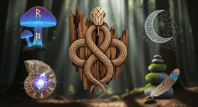 Snake coiled around wooden post mystical.