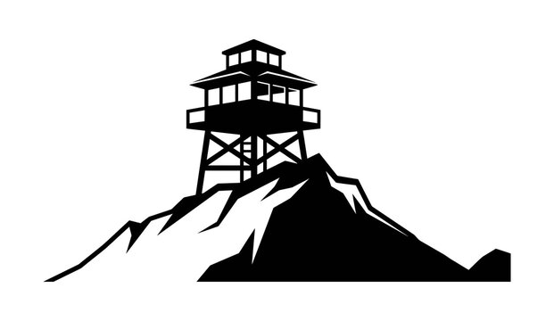 Black and white minimalist vector icon of a forest fire watchtower on a steep rocky hill summit for outdoors and nature design projects