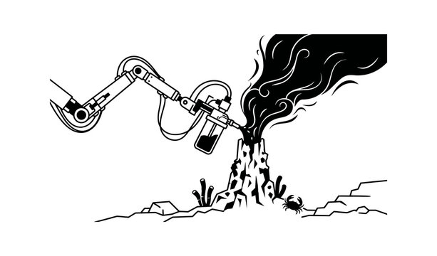 Robotic arm collecting samples from a deep sea hydrothermal vent black smoker illustration