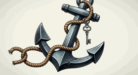 Metal anchor with rope and key. © yanto
