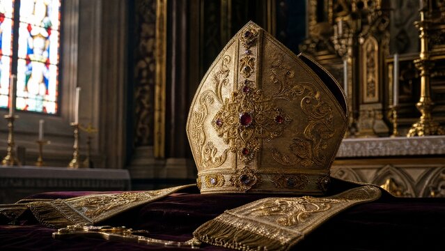 mitre. A bishop's ceremonial hat resting on dark velvet cloth, gemstones gleaming. event programs, museum guides, designed for cultural heritage projects and event programs, supports education.