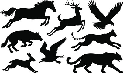Collection of dynamic animal silhouettes including horse deer eagle wolf hare large wild cat in motion with silhouette wildlife predator collection isolated creature movement exercise activity © MstAsmaAkter