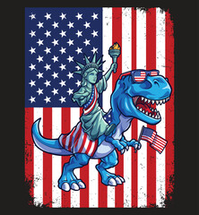 Statue of Liberty Riding a T-Rex Dinosaur with American Flag Vector Design for the 4th of July © masumdesign